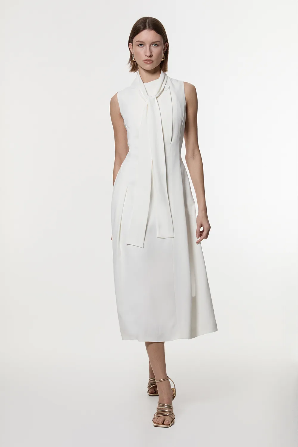 Compact Stretch Viscose Tie Neck Tailored Full Skirted Midi Dress BKK24355