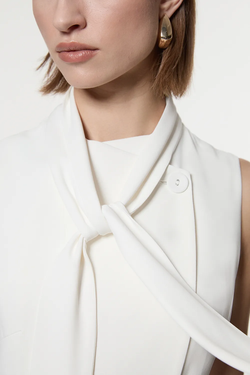 Compact Stretch Viscose Tie Neck Tailored Full Skirted Midi Dress BKK24355