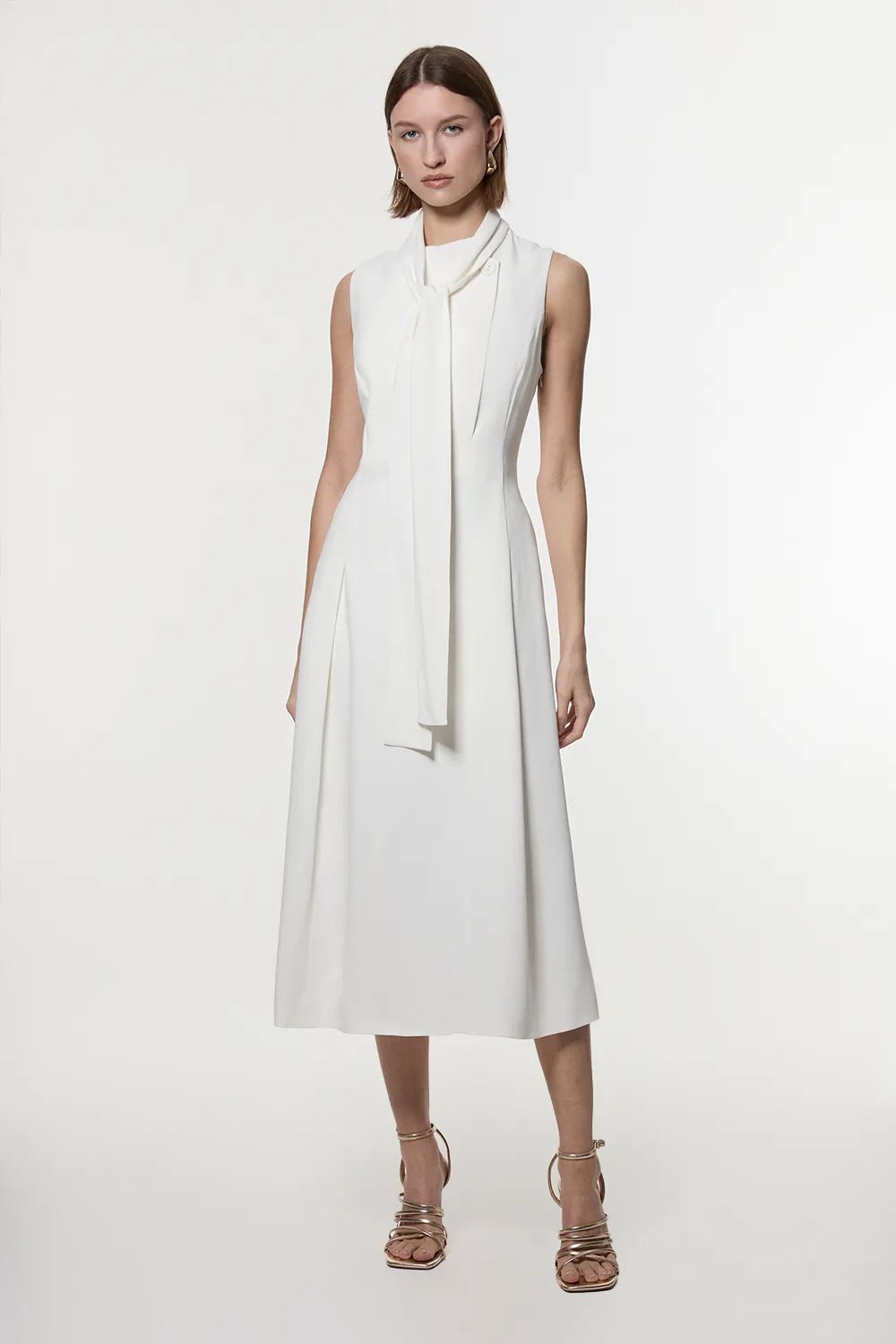 Compact Stretch Viscose Tie Neck Tailored Full Skirted Midi Dress BKK24355 3 Compact Stretch Viscose Tie Neck Tailored Full Skirted Midi Dress BKK24355