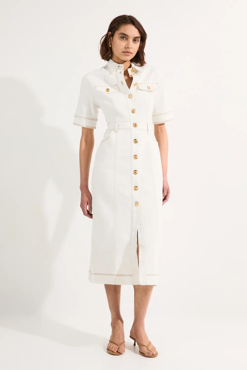 Denim Button Front Short Sleeve Pencil Midi Dress BKK24374