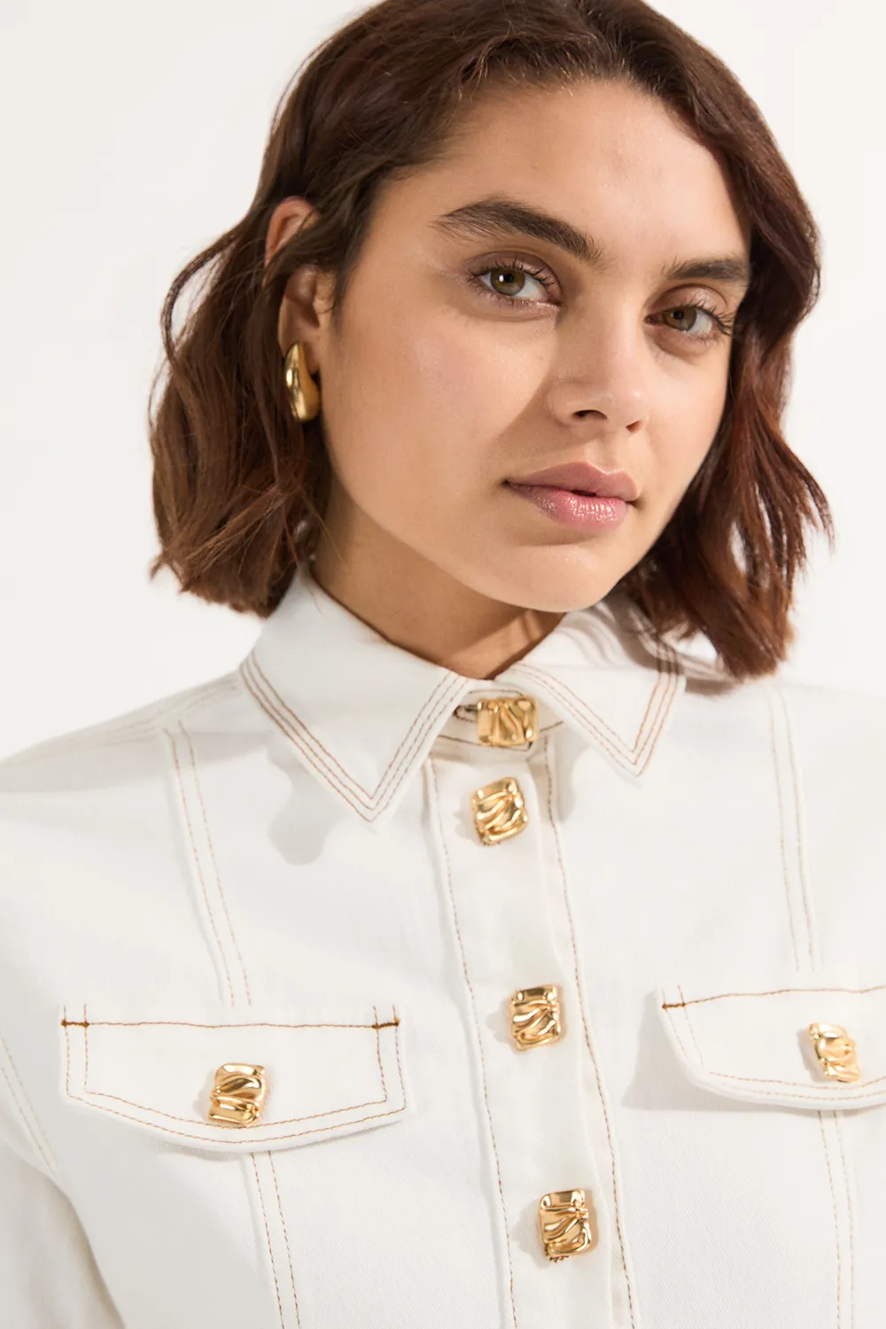 Denim Button Front Short Sleeve Pencil Midi Dress BKK24374