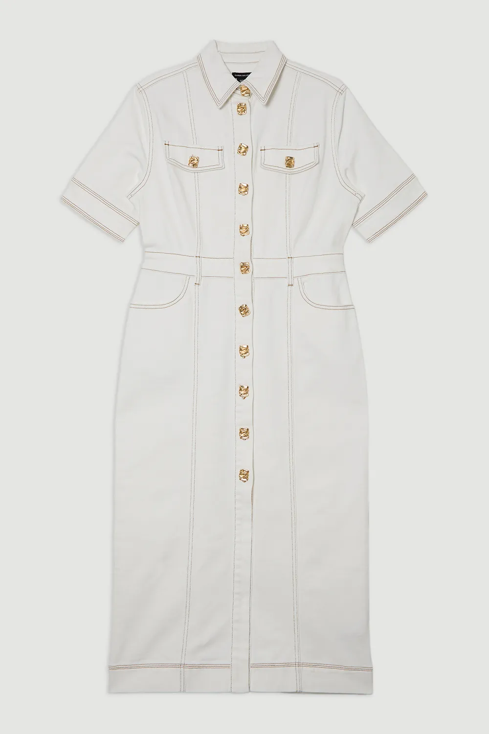 Denim Button Front Short Sleeve Pencil Midi Dress BKK24374