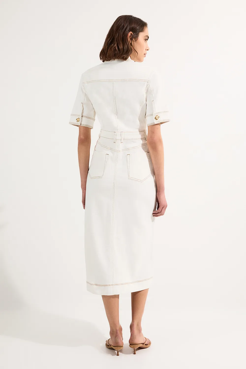 Denim Button Front Short Sleeve Pencil Midi Dress BKK24374