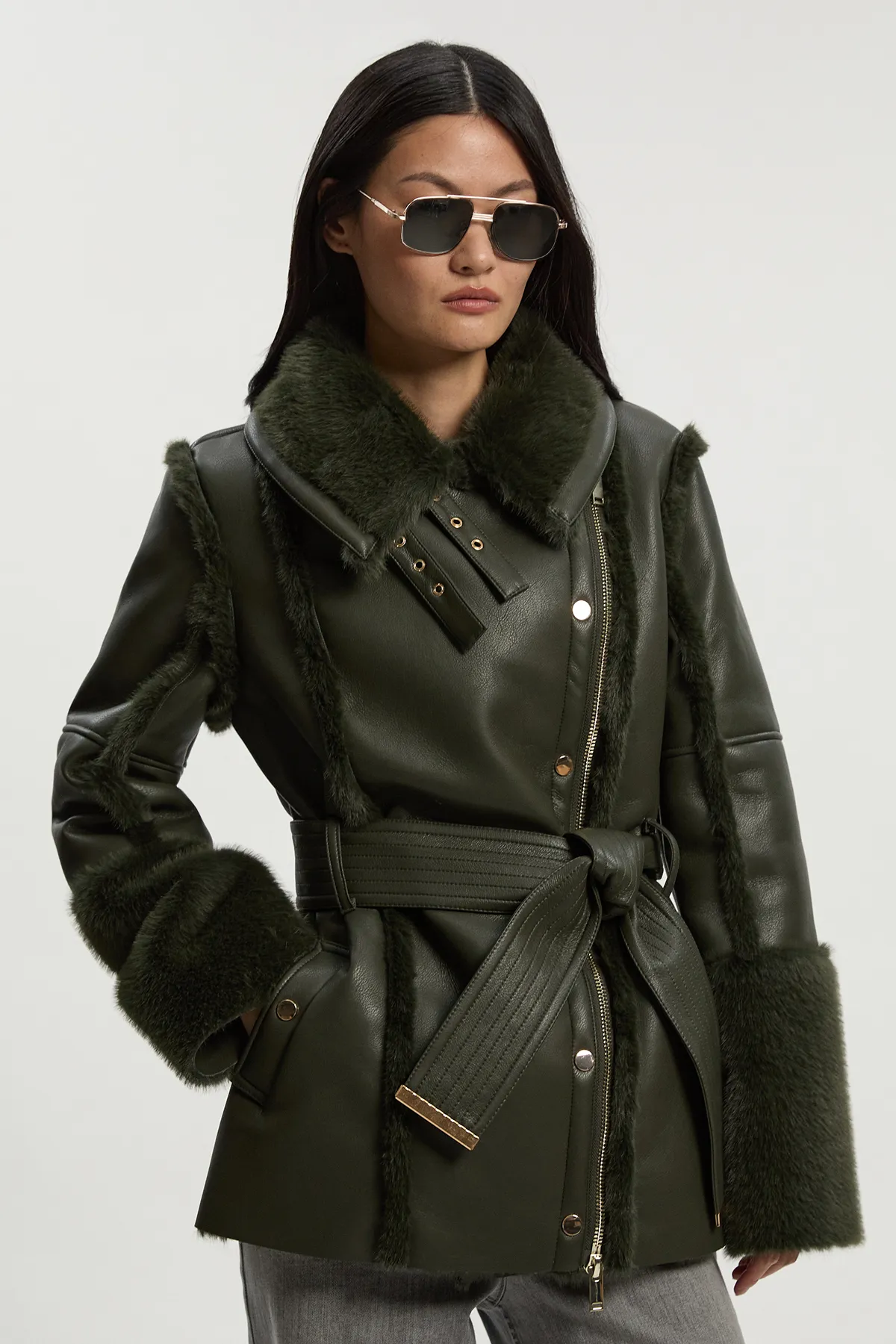 Faux Fur High Neck Belted Biker Coat BKK24380