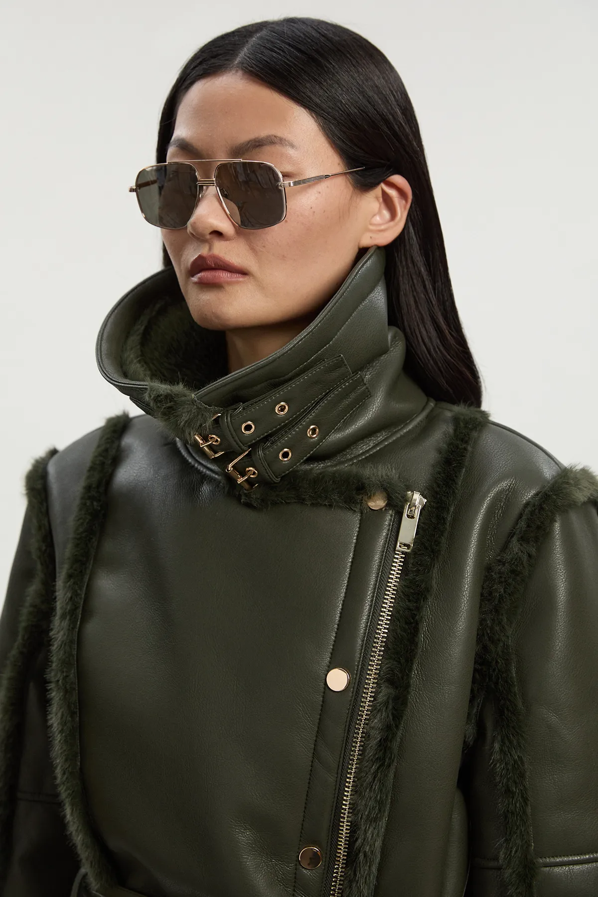 Faux Fur High Neck Belted Biker Coat BKK24380