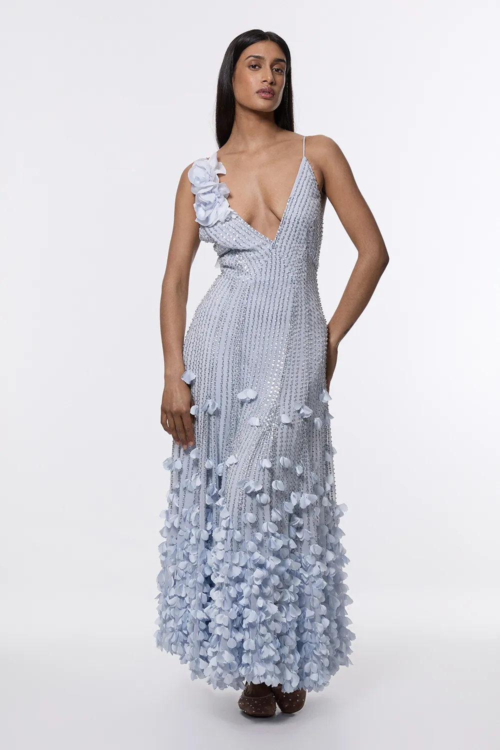 Crystal Applique Strappy Rosette Woven Maxi Dress BKK24384