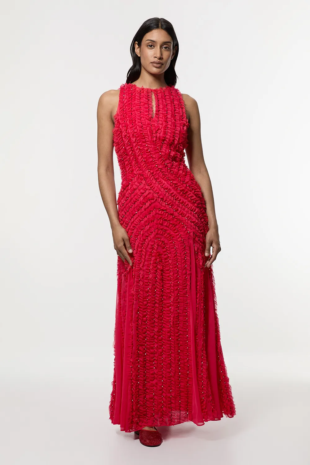 Embellished Ruffle Keyhole Cutout Woven Maxi Dress BKK24433