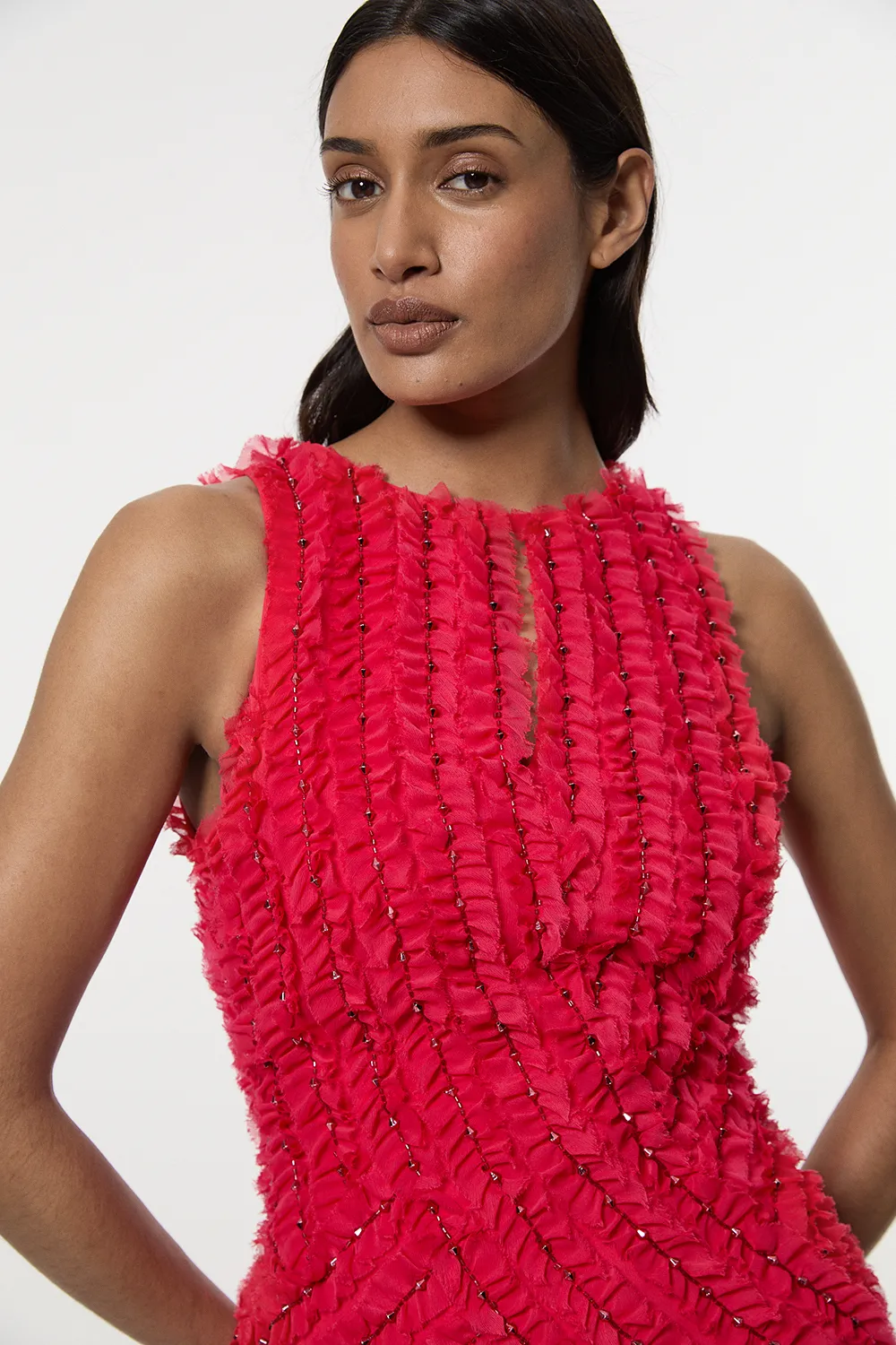 Embellished Ruffle Keyhole Cutout Woven Maxi Dress BKK24433