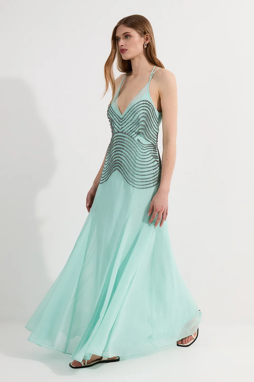 Embellished Geo Strappy Woven Maxi Dress BKK24436