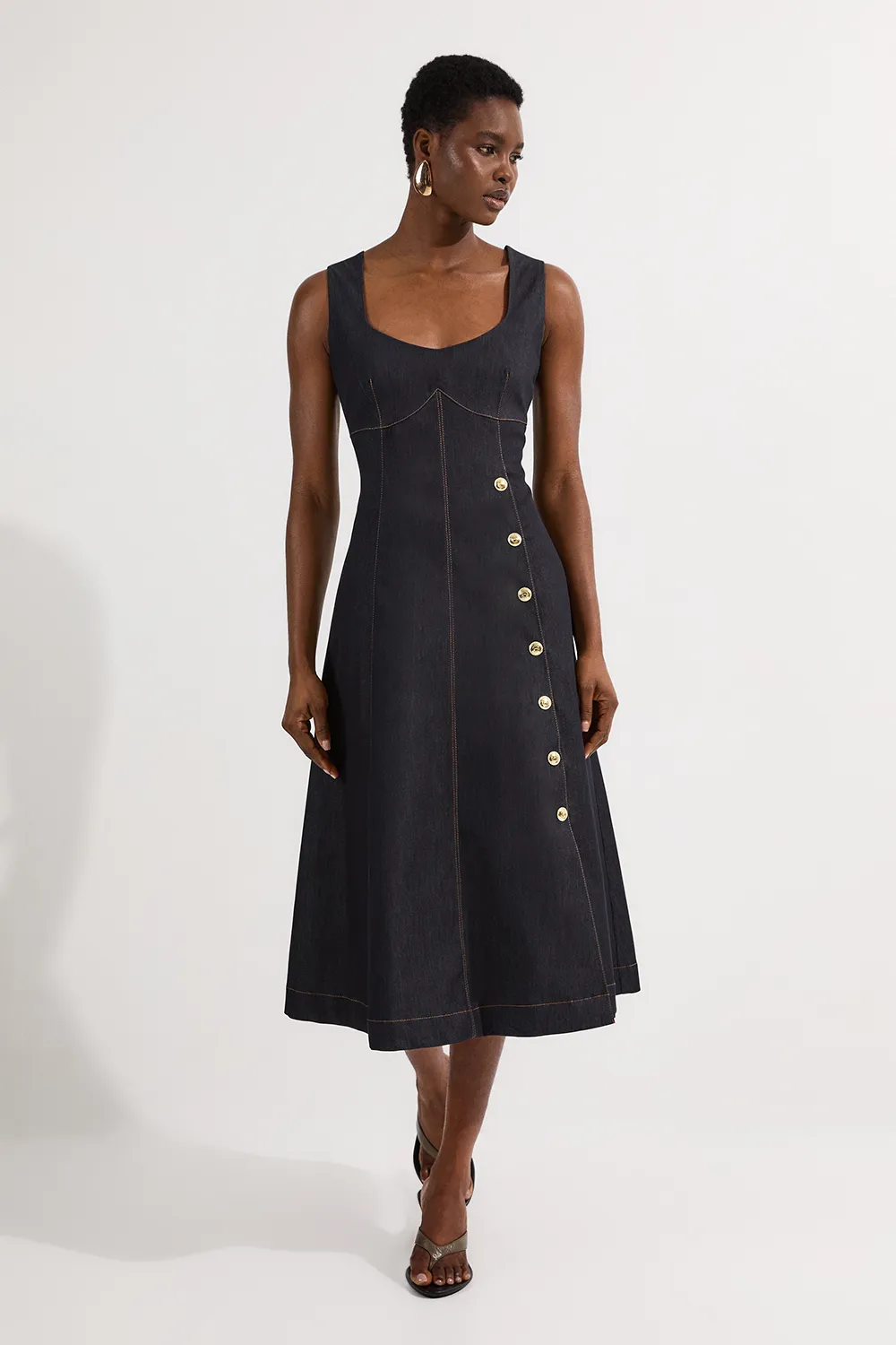 Tailored Denim Sleeveless Full Skirted Midi Dress BKK24538