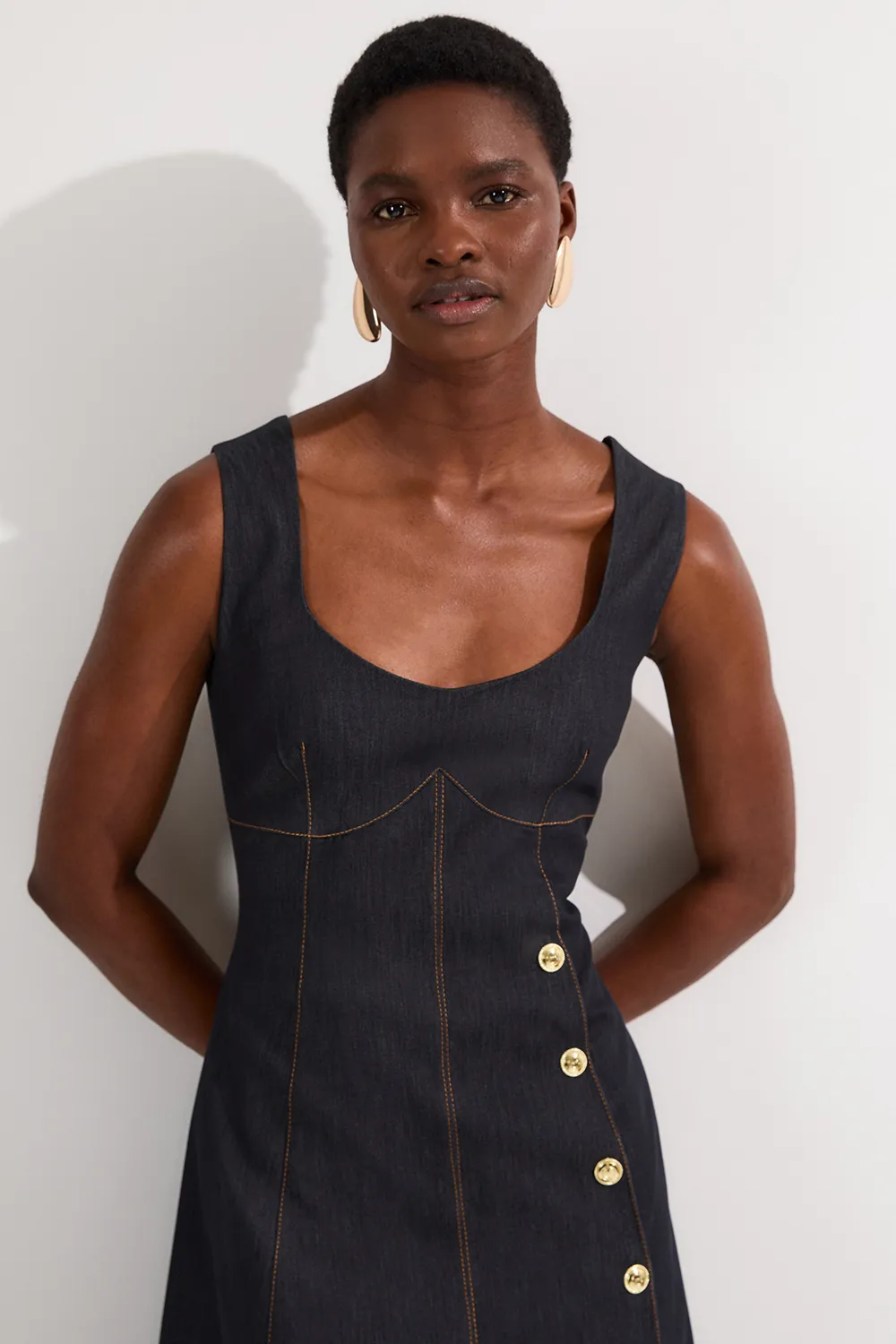 Tailored Denim Sleeveless Full Skirted Midi Dress BKK24538