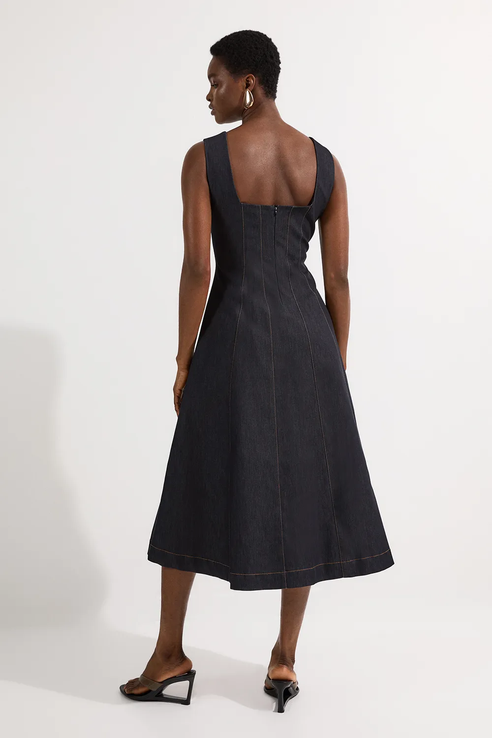 Tailored Denim Sleeveless Full Skirted Midi Dress BKK24538