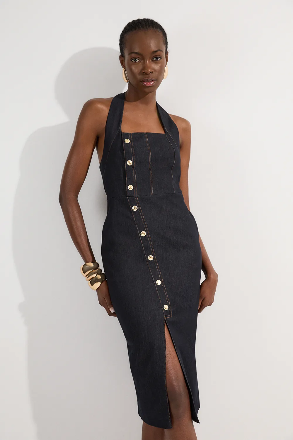 Tailored Denim Halter Neck Pencil Midi Dress BKK24539