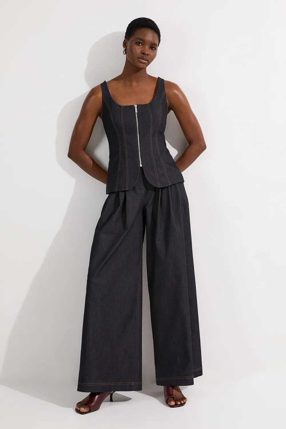 Tailored Denim Peplum Wide Leg Jumpsuit BKK24595