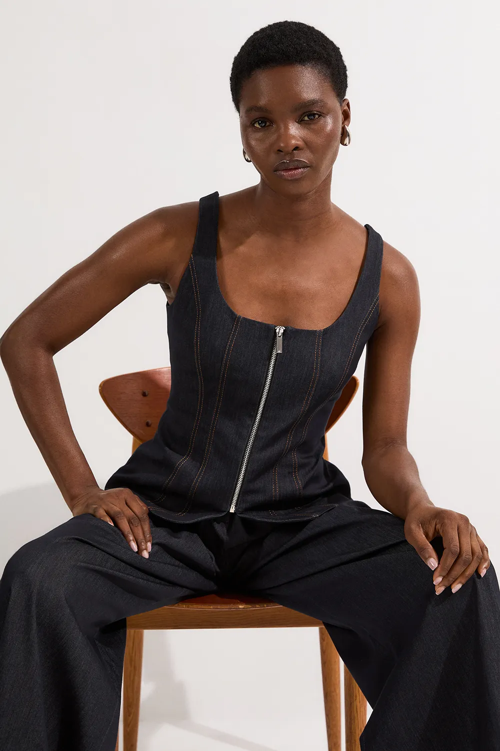 Tailored Denim Peplum Wide Leg Jumpsuit BKK24595