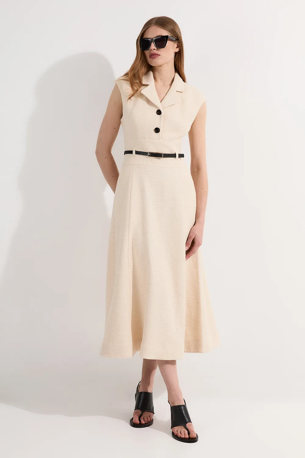 Textured Tweed Belted Full Skirted Midi Dress BKK24601