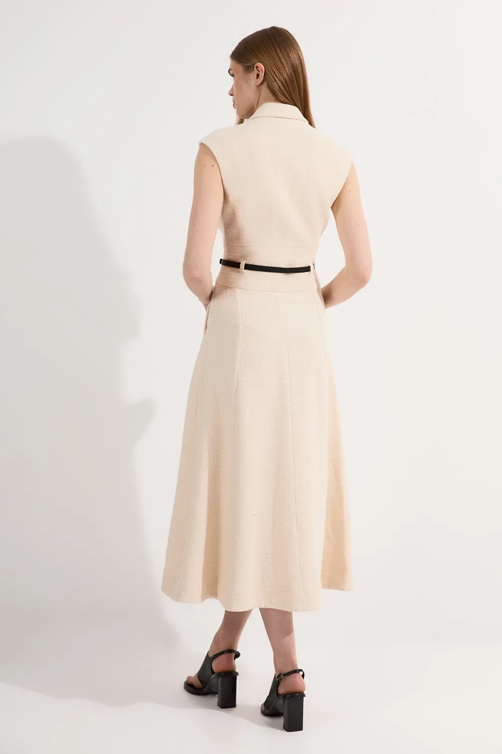 Textured Tweed Belted Full Skirted Midi Dress BKK24601 5 Textured Tweed Belted Full Skirted Midi Dress BKK24601