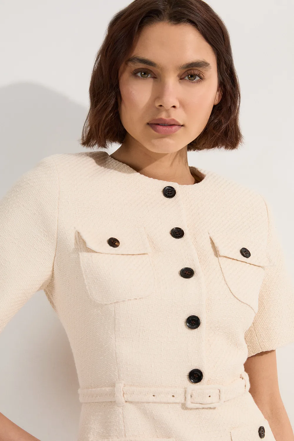 Textured Tweed Belted Tailored Mini Dress BKK24602