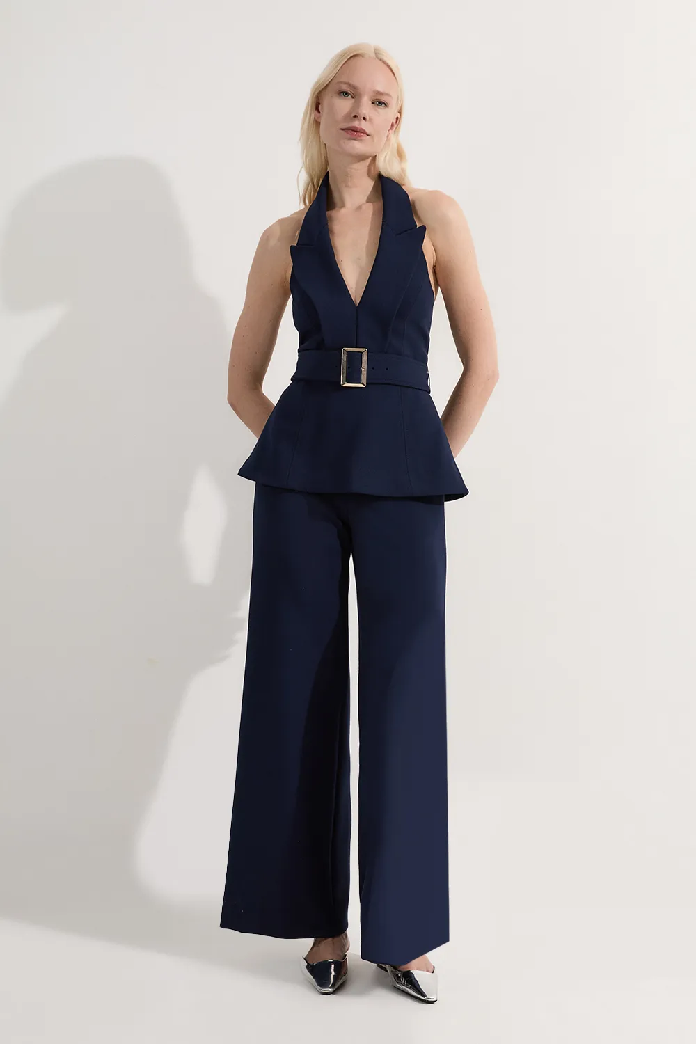 Compact Stretch Halterneck Tailored Wide Leg Jumpsuit BKK24619