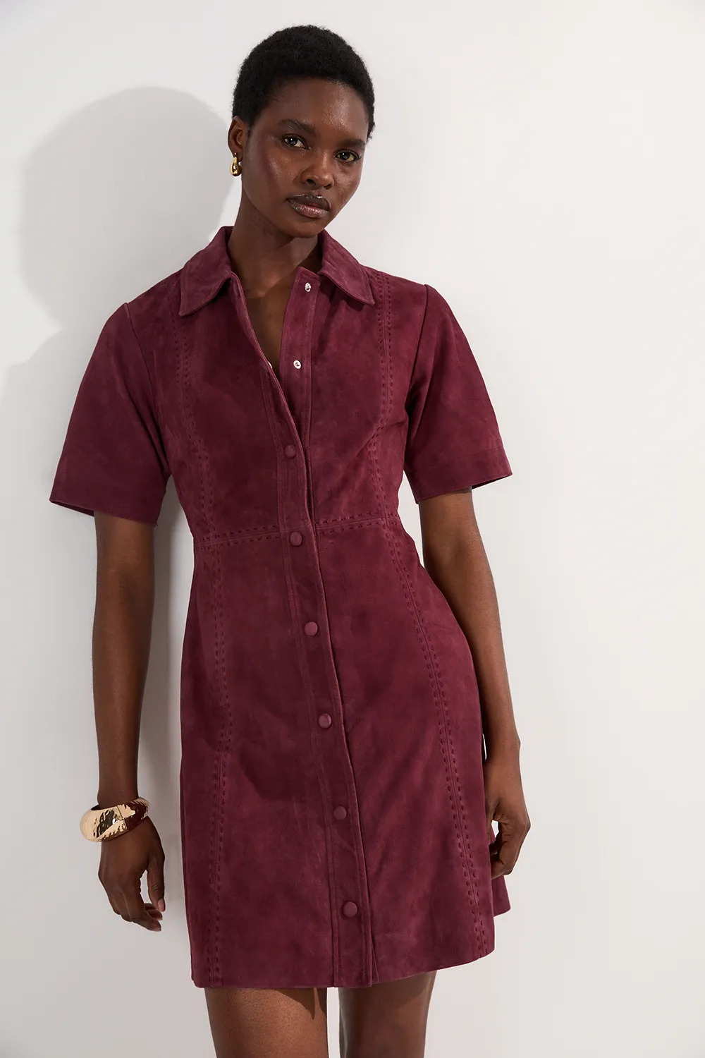 Suede Stab Stitch Button Mini Dress BKK24645