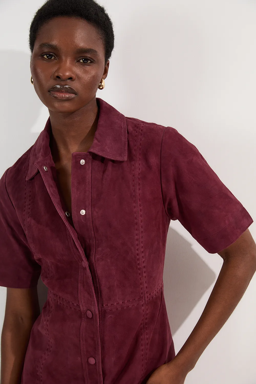 Suede Stab Stitch Button Mini Dress BKK24645 5 Suede Stab Stitch Button Mini Dress BKK24645