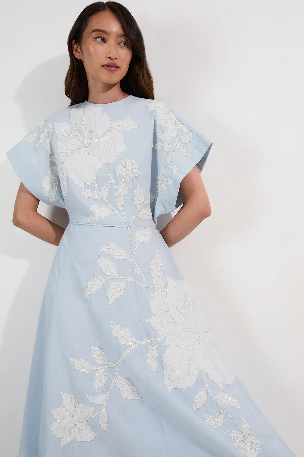 Applique And Beaded Linen Woven Midi Dress With Tie Back Detail BKK24662