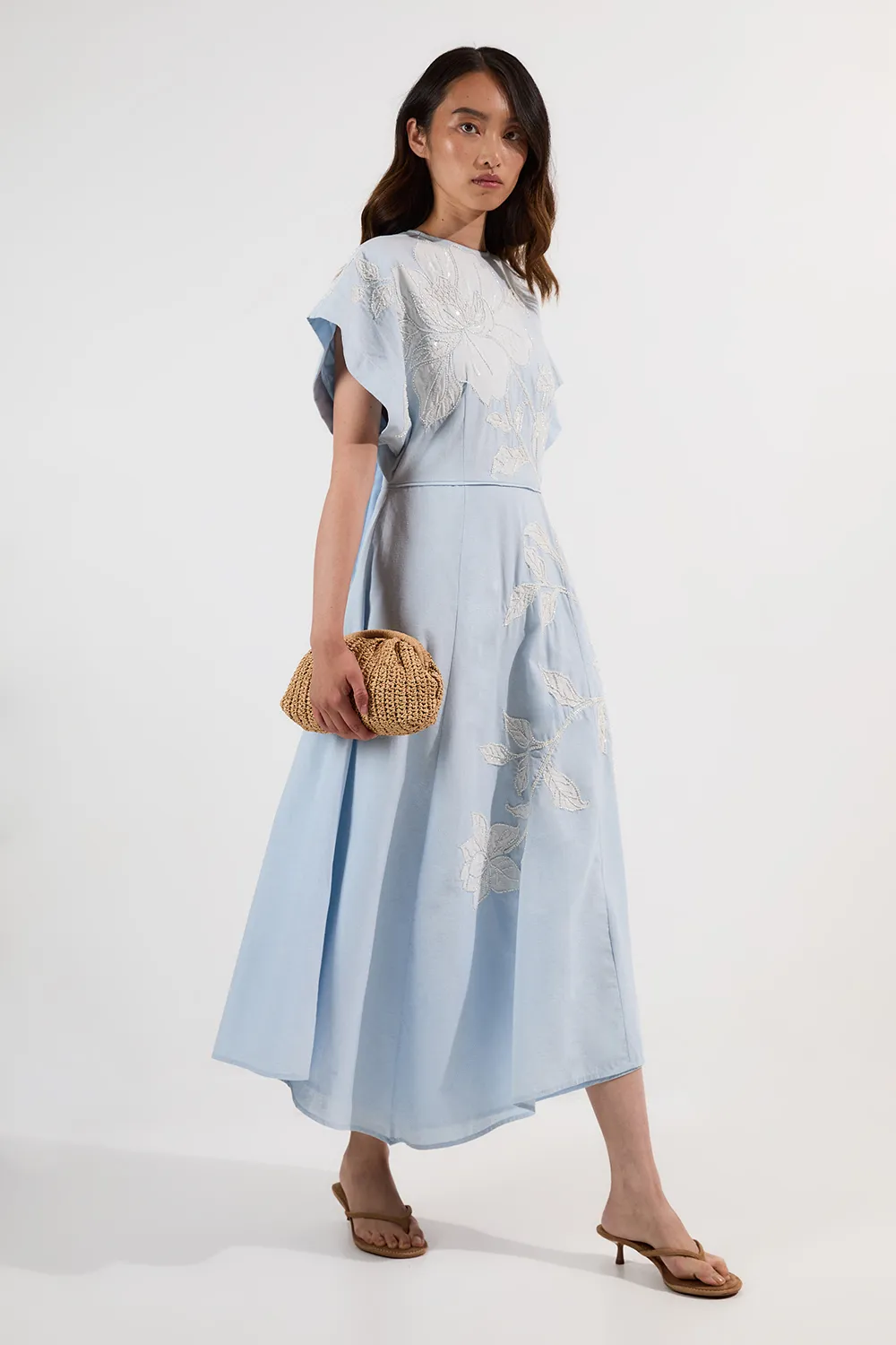 Applique And Beaded Linen Woven Midi Dress With Tie Back Detail BKK24662