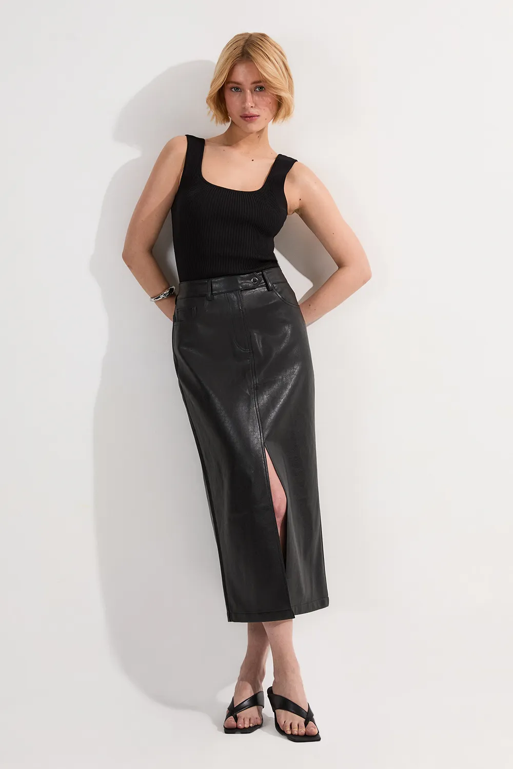 Faux Leather Pencil Midi Skirt BKK24759