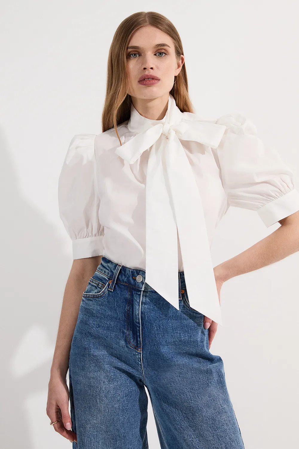 Cotton Poplin Pussy Bow Puff Sleeve Woven Blouse BKK24773