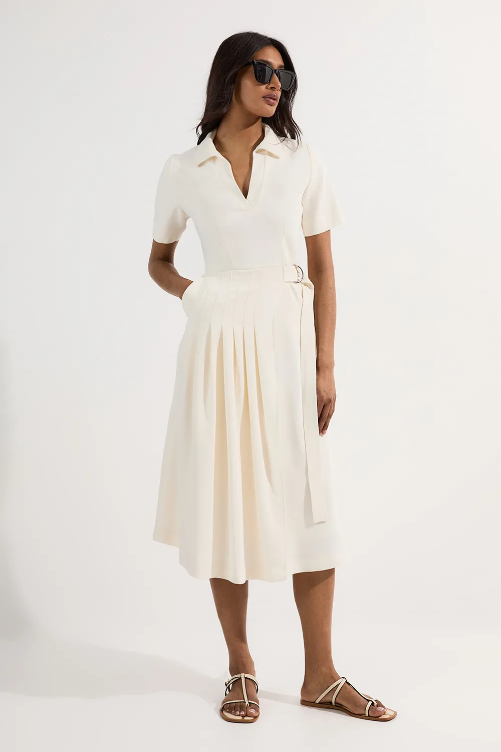 Soft Tailored Pleated Belted Midi Dress BKK24777