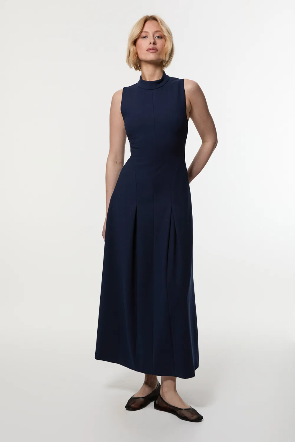 Compact Stretch High Neck Open Back Tailored Maxi Dress BKK24780
