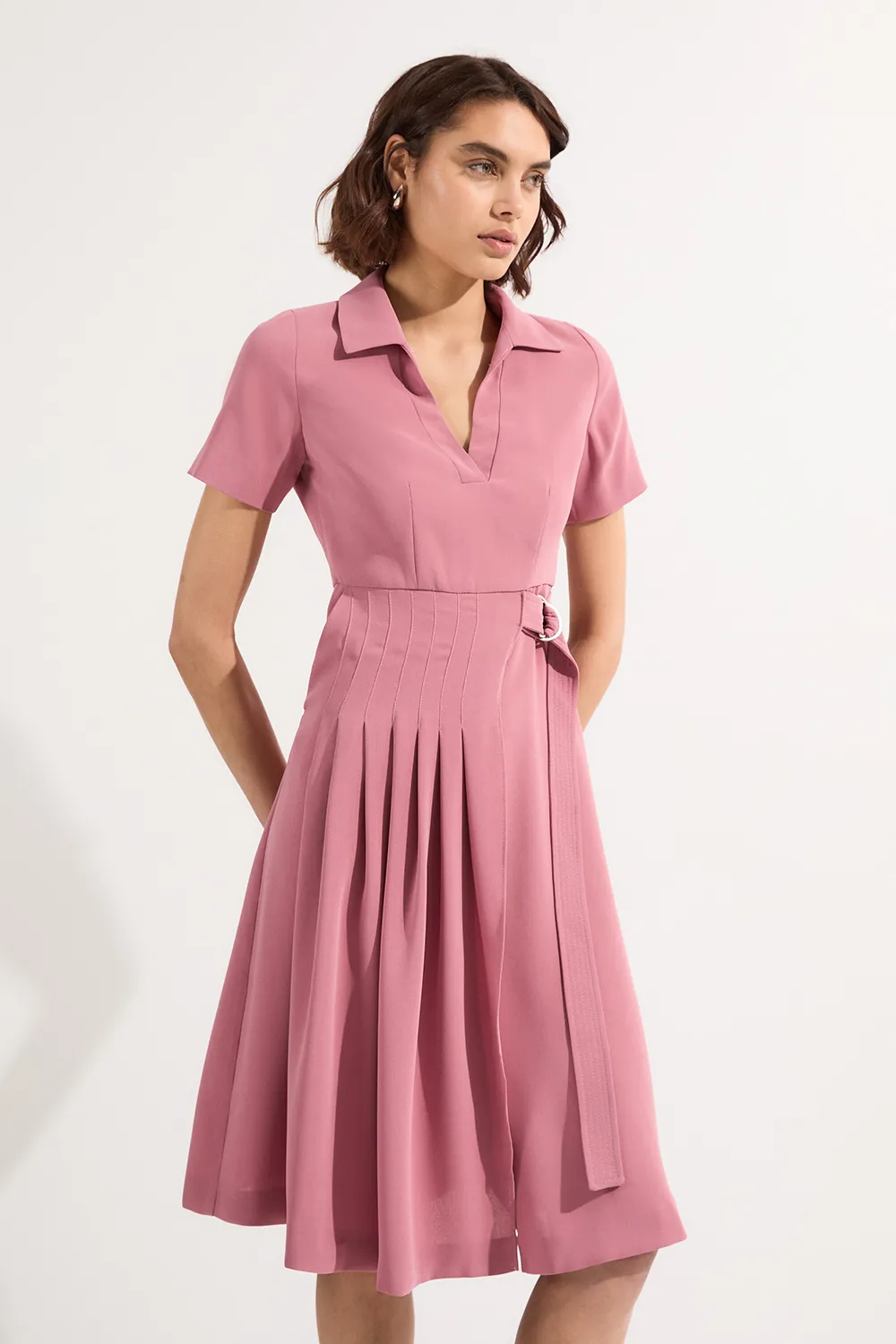Petite Soft Tailored Pleated Belted Midi Dress BKK24782