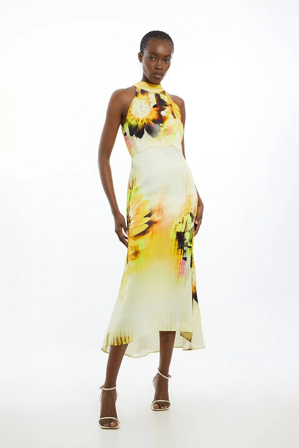 Viscose Satin Tie Dye Floral Halter Midi Dress BKK17720