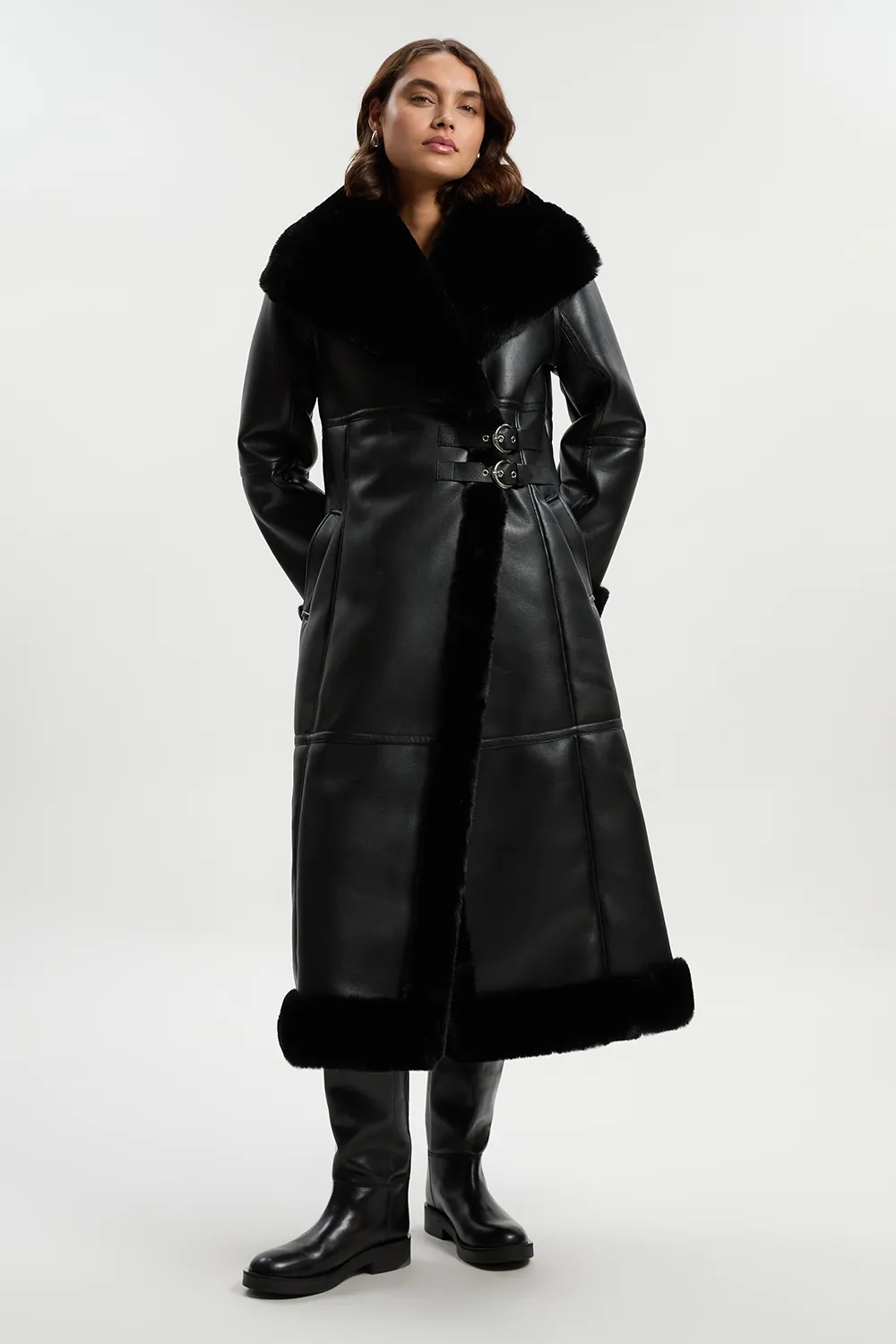 Faux Shearling Oversize Collar Buckle Midi Coat BKK24802