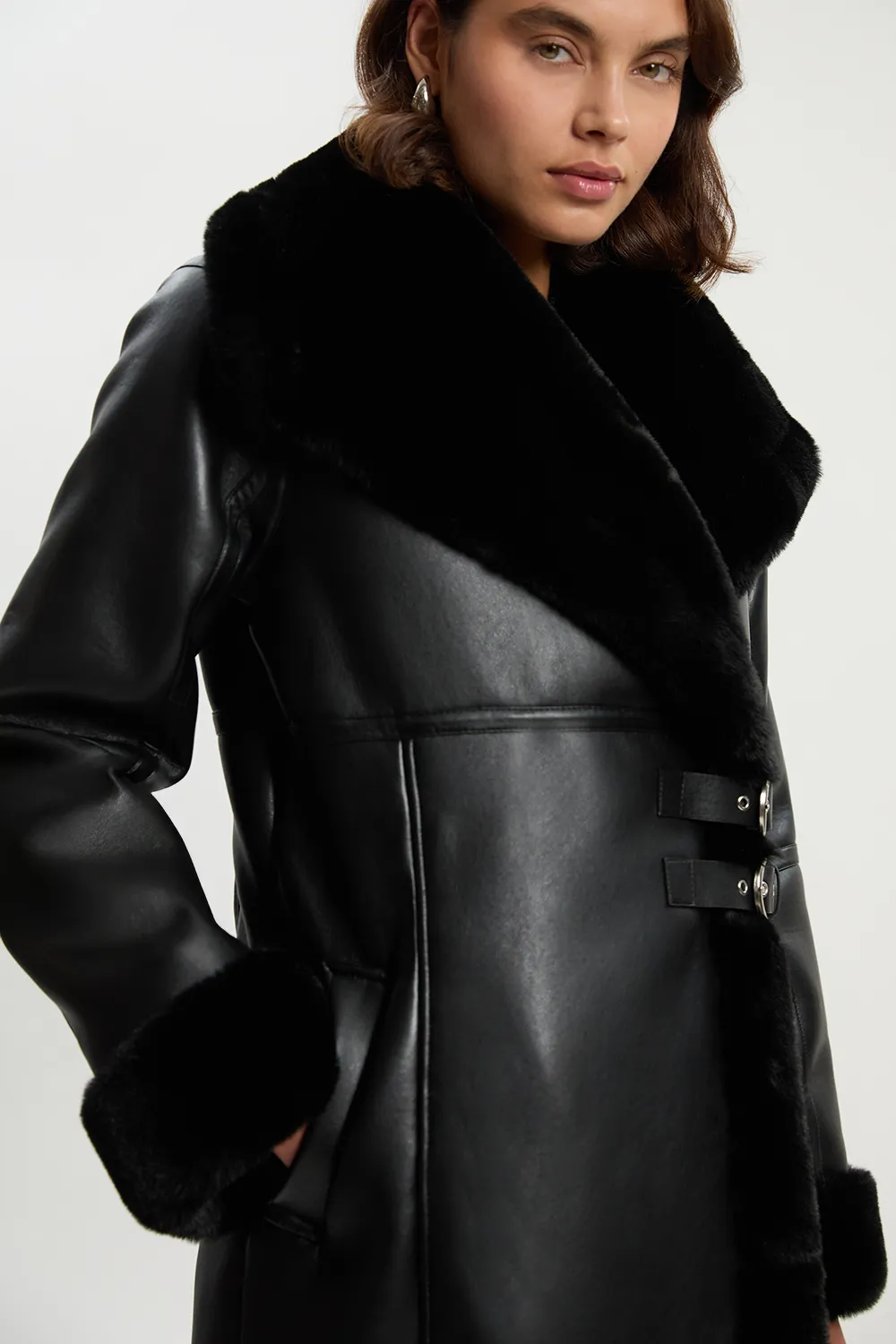 Faux Shearling Oversize Collar Buckle Midi Coat BKK24802