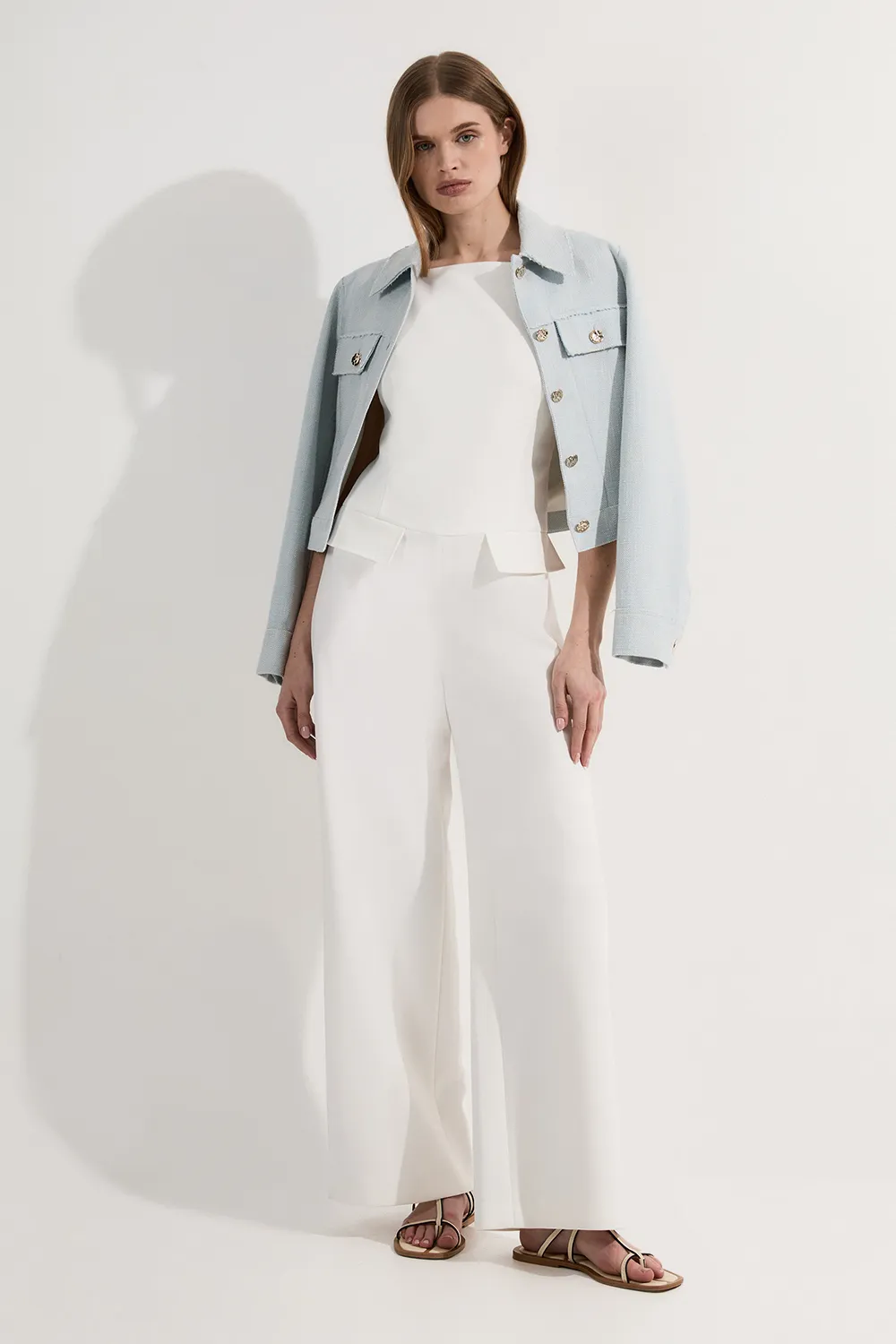 Compact Stretch Stab Stitch Square Neck Tailored Wide Leg Jumpsuit BKK24826