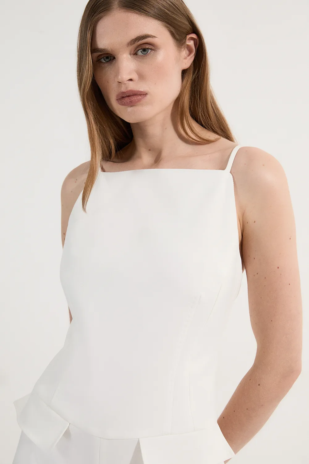 Compact Stretch Stab Stitch Square Neck Tailored Wide Leg Jumpsuit BKK24826