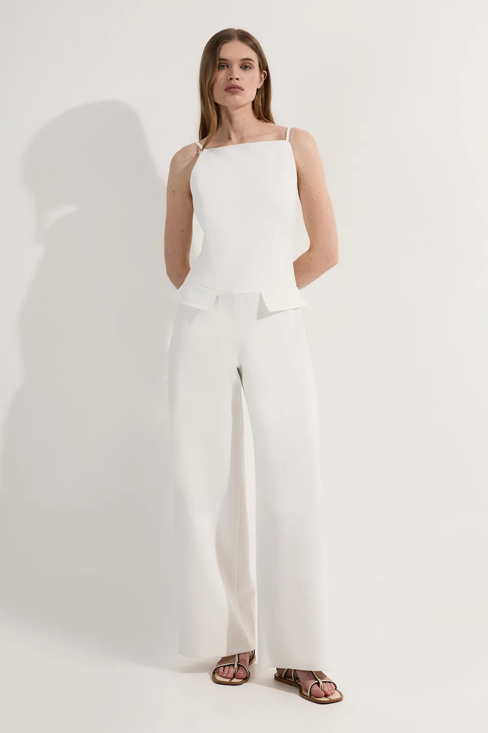 Compact Stretch Stab Stitch Square Neck Tailored Wide Leg Jumpsuit BKK24826