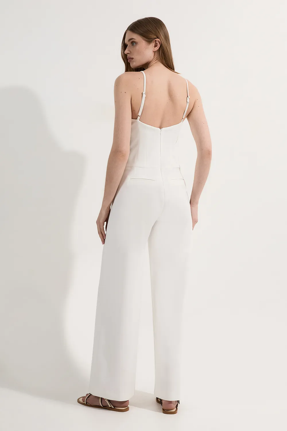 Compact Stretch Stab Stitch Square Neck Tailored Wide Leg Jumpsuit BKK24826