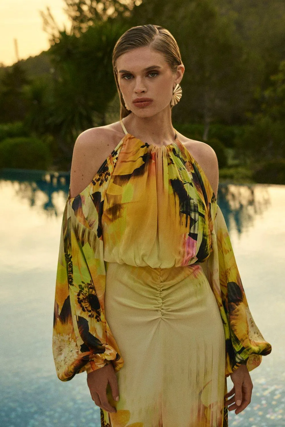 Viscose Satin Tie Dye Floral Cold Shoulder Maxi Dress BKK17725