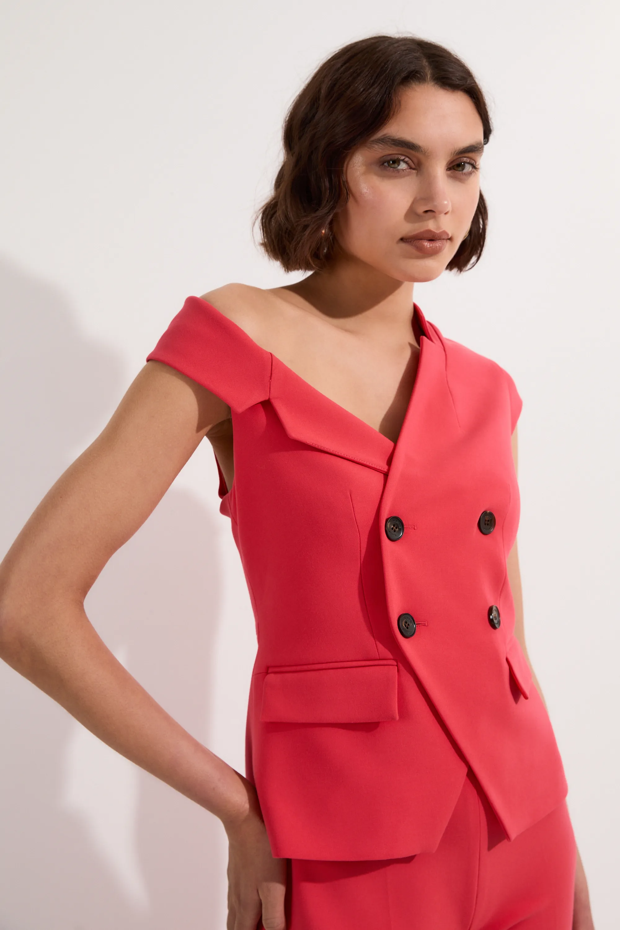 Compact Stretch Asymmetric Collar Wide Leg Tailored Jumpsuit BKK24830