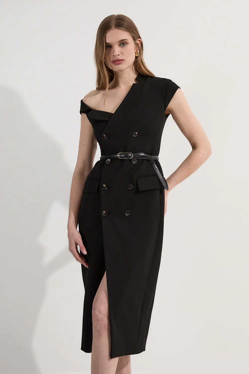 Compact Stretch Asymmetric Collar Tailored Pencil Maxi Dress BKK24839