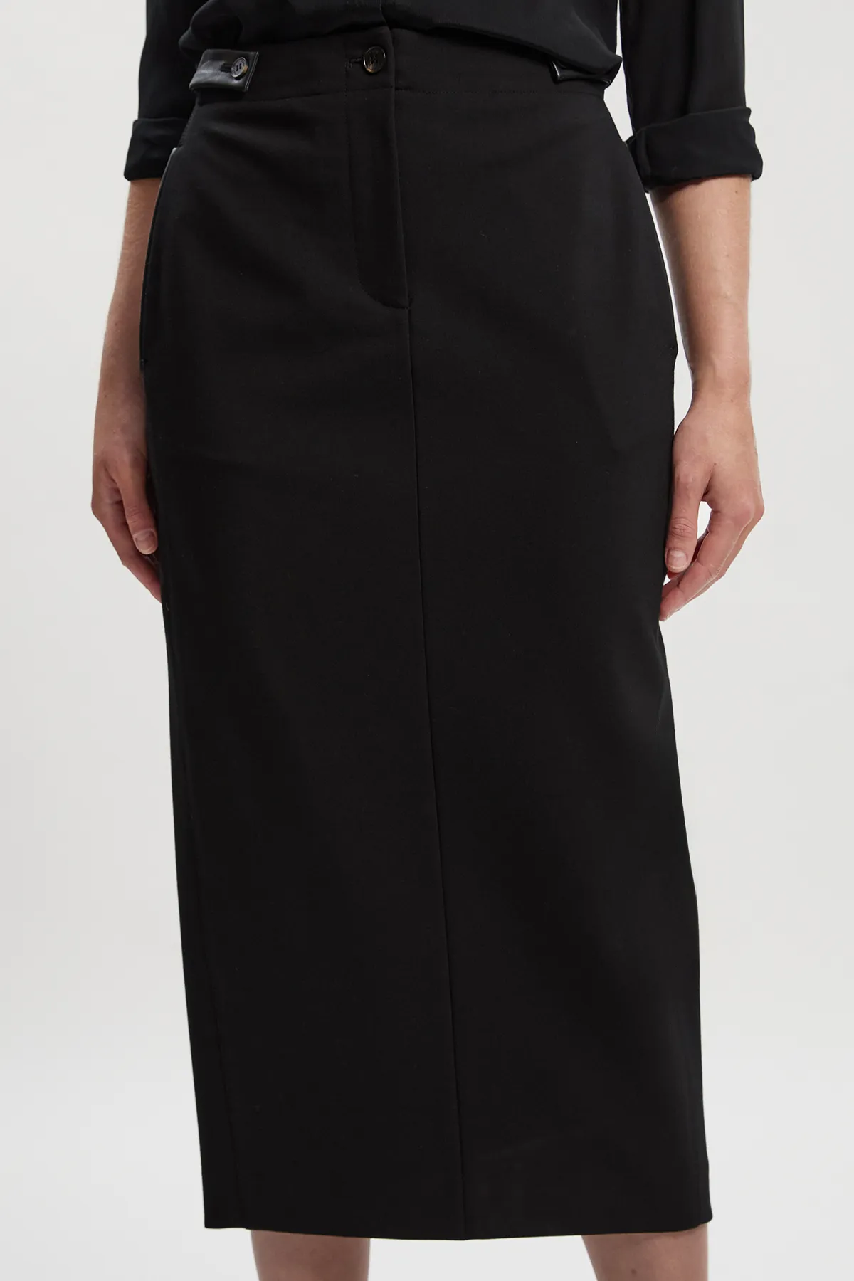 Ponte And Pu Mix Tab Detail Tailored Pencil Midi Skirt BKK24842