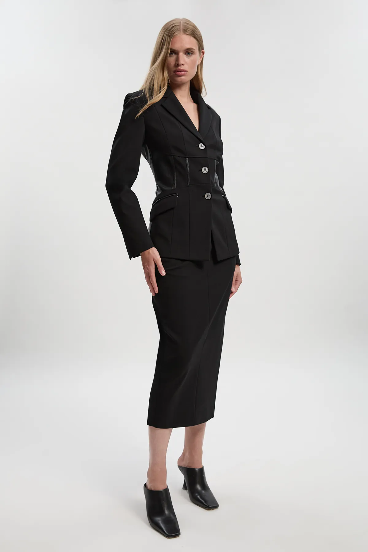 Ponte And Pu Mix Tab Detail Tailored Pencil Midi Skirt BKK24842