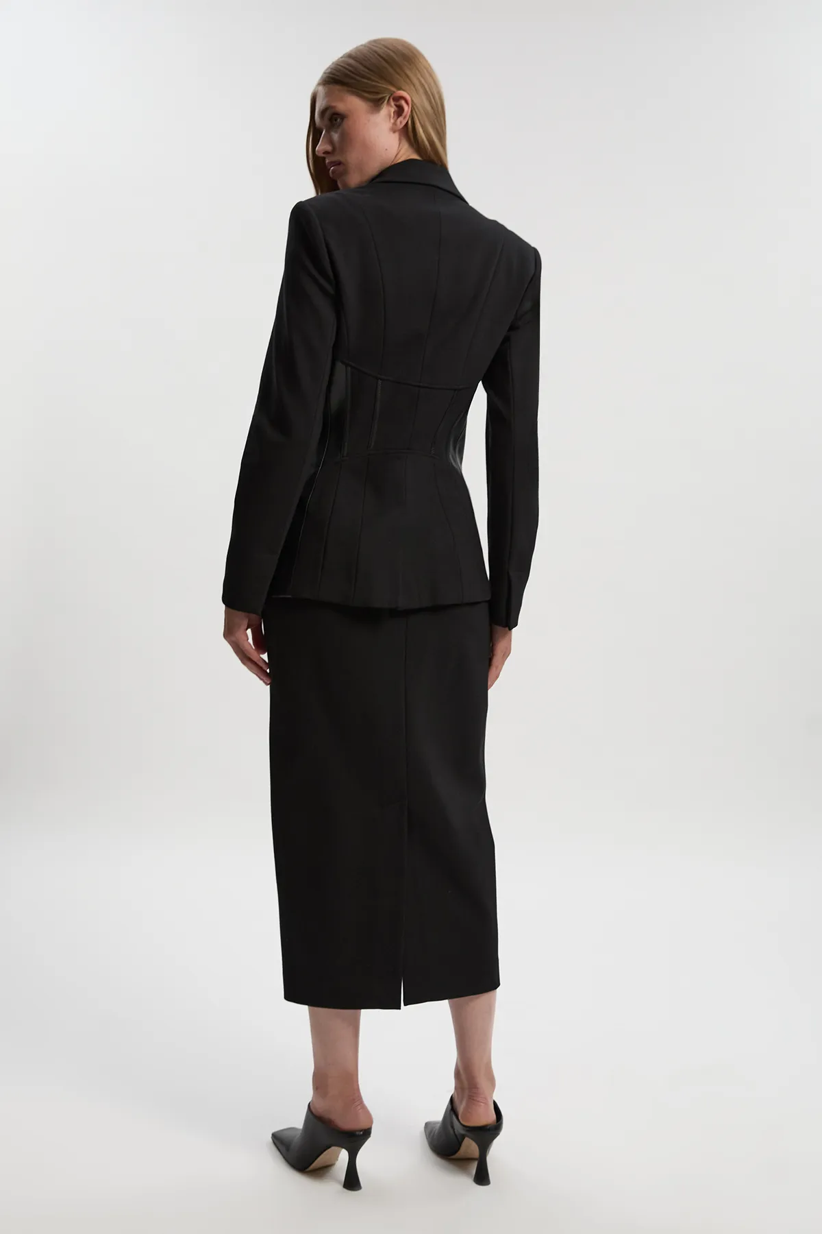 Ponte And Pu Mix Tab Detail Tailored Pencil Midi Skirt BKK24842