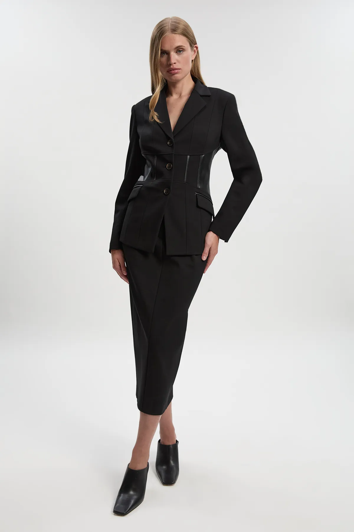 Ponte And Pu Mix Waist Seam Detail Tailored Single Breasted Blazer BKK24844