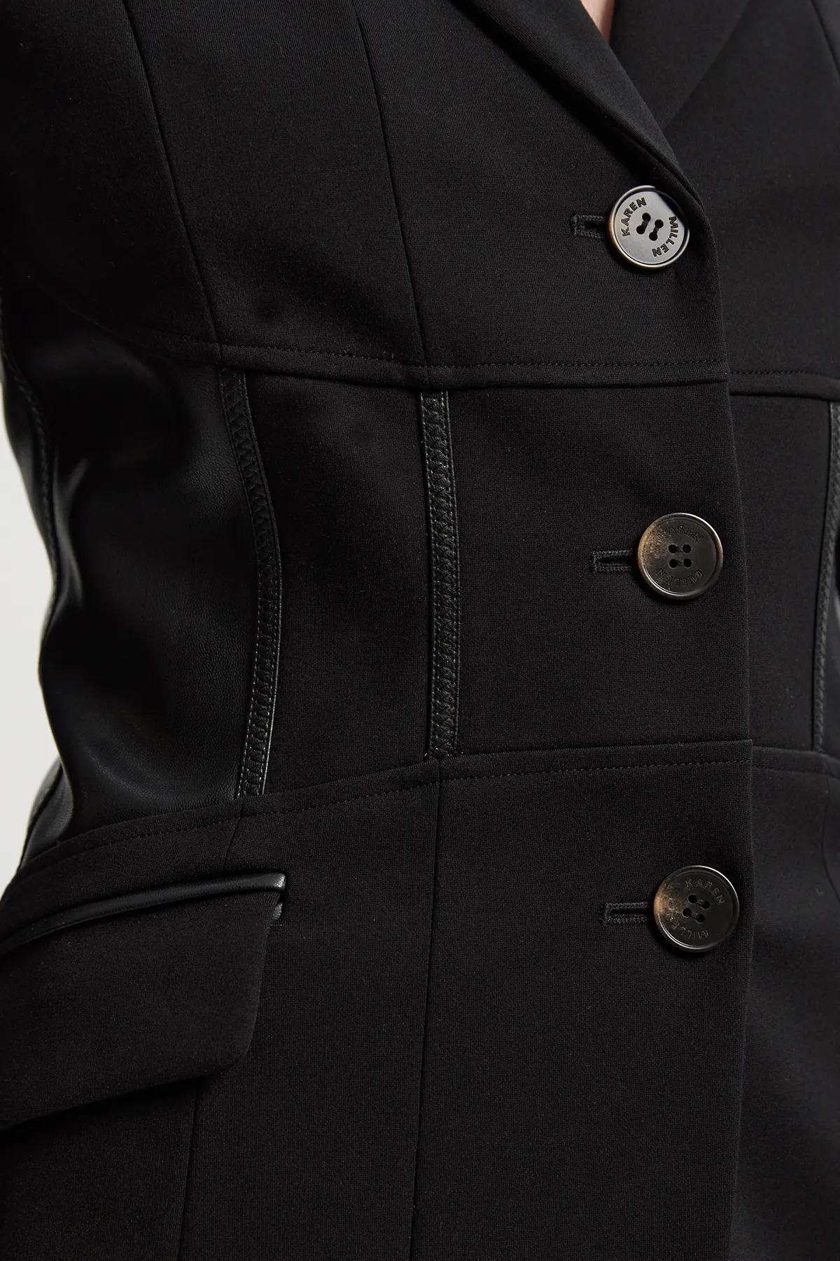 Ponte And Pu Mix Waist Seam Detail Tailored Single Breasted Blazer BKK24844 3 Ponte And Pu Mix Waist Seam Detail Tailored Single Breasted Blazer BKK24844