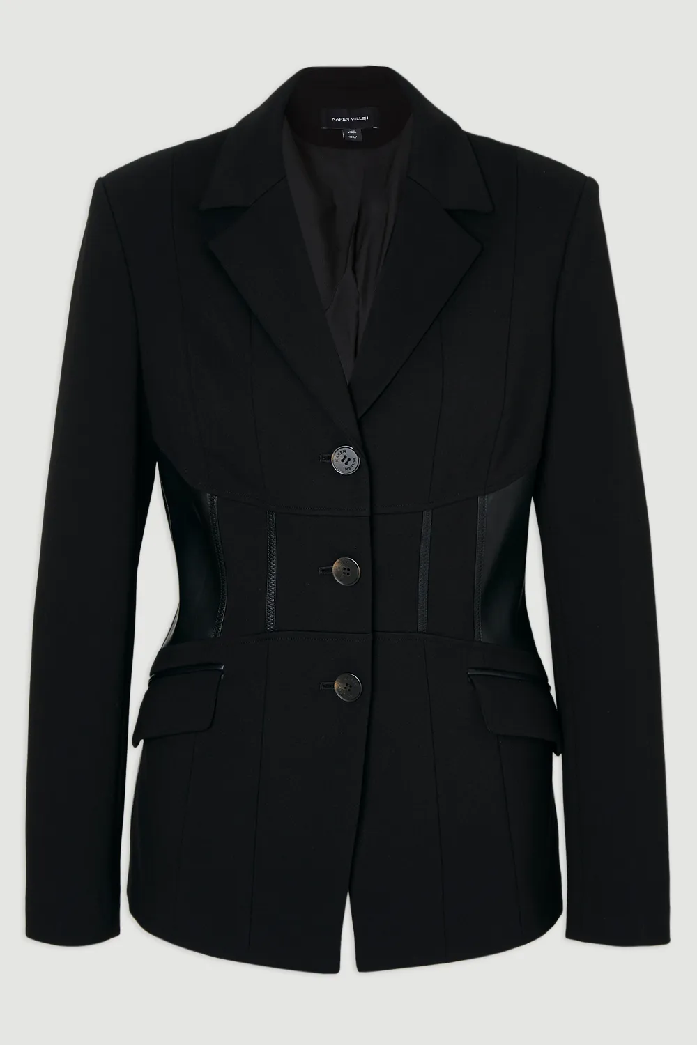 Ponte And Pu Mix Waist Seam Detail Tailored Single Breasted Blazer BKK24844 4 Ponte And Pu Mix Waist Seam Detail Tailored Single Breasted Blazer BKK24844