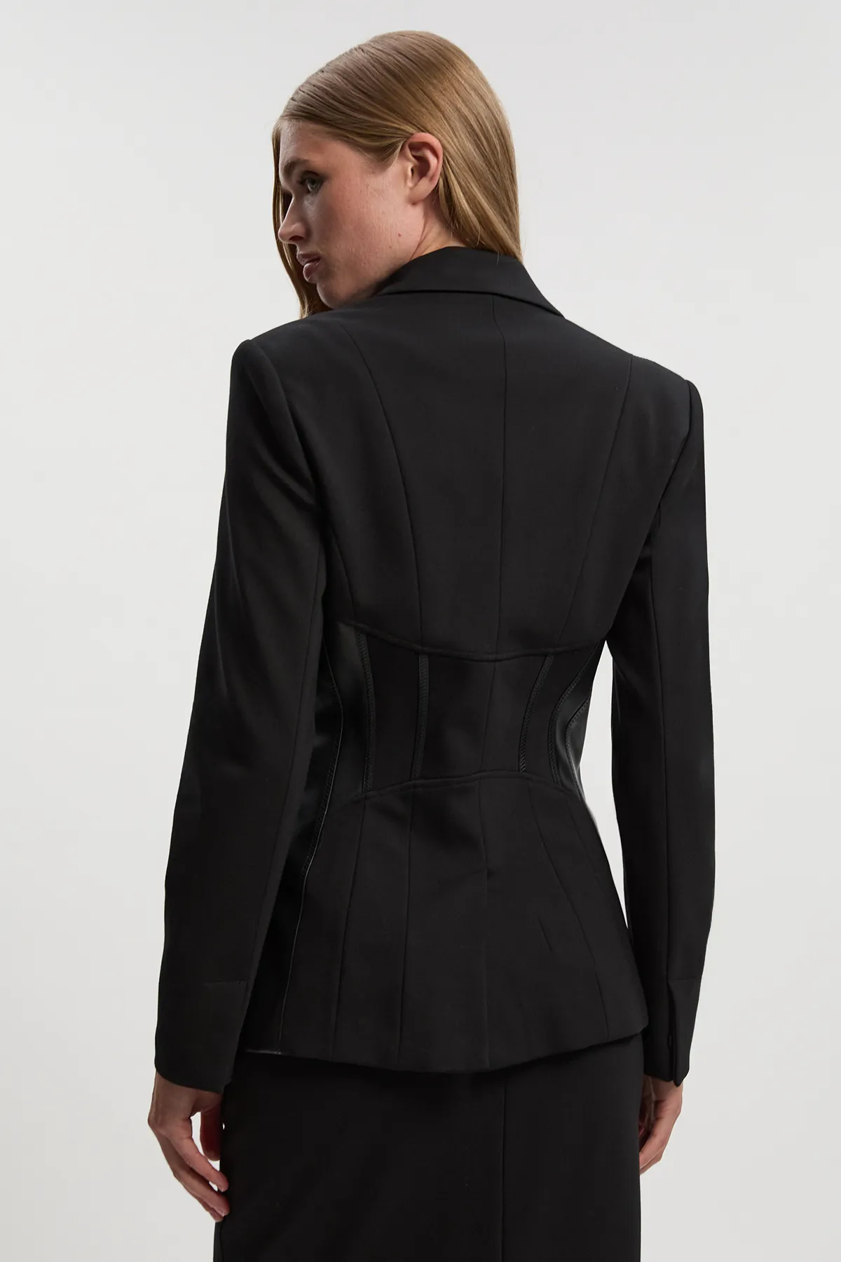 Ponte And Pu Mix Waist Seam Detail Tailored Single Breasted Blazer BKK24844 5 Ponte And Pu Mix Waist Seam Detail Tailored Single Breasted Blazer BKK24844