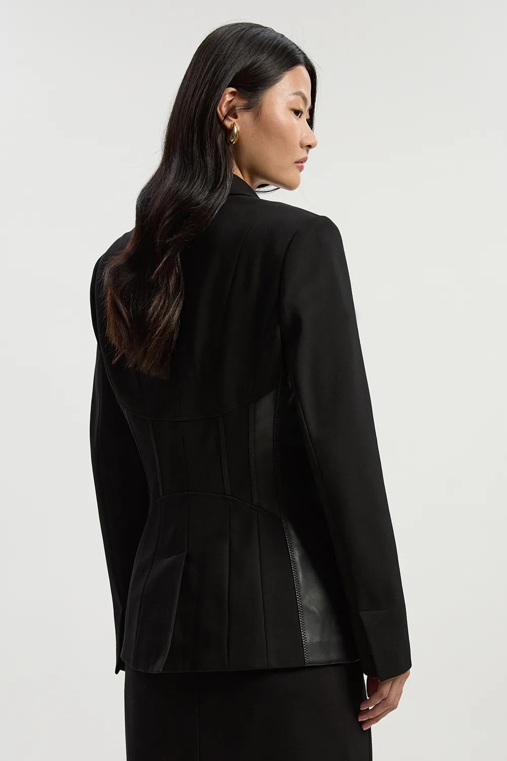 Ponte And Pu Mix Waist Seam Detail Tailored Single Breasted Blazer BKK24844 6 Ponte And Pu Mix Waist Seam Detail Tailored Single Breasted Blazer BKK24844